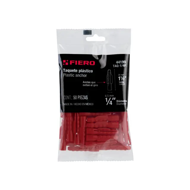 BOLSA CON 50 TAQUETES TARUGOS ROJOS EXPANSIVOS DE PLÁSTICO 1-4 FIERO.webp